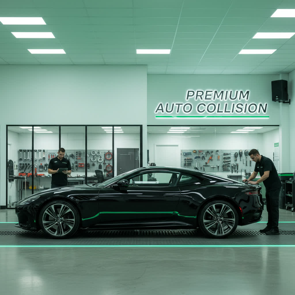 Glossy black luxury car being serviced at Jersey Auto Body & Collision