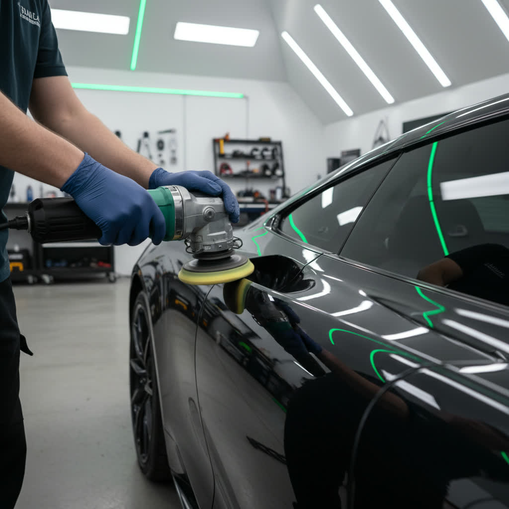 Machine-polishing a freshly repainted red car to a mirror finish