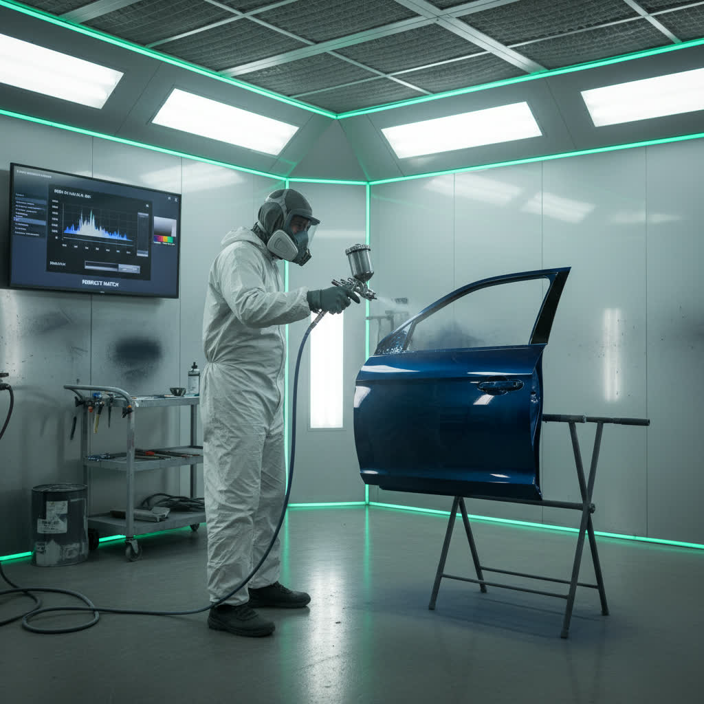 Spray gun applying a perfectly matched factory color to a car panel