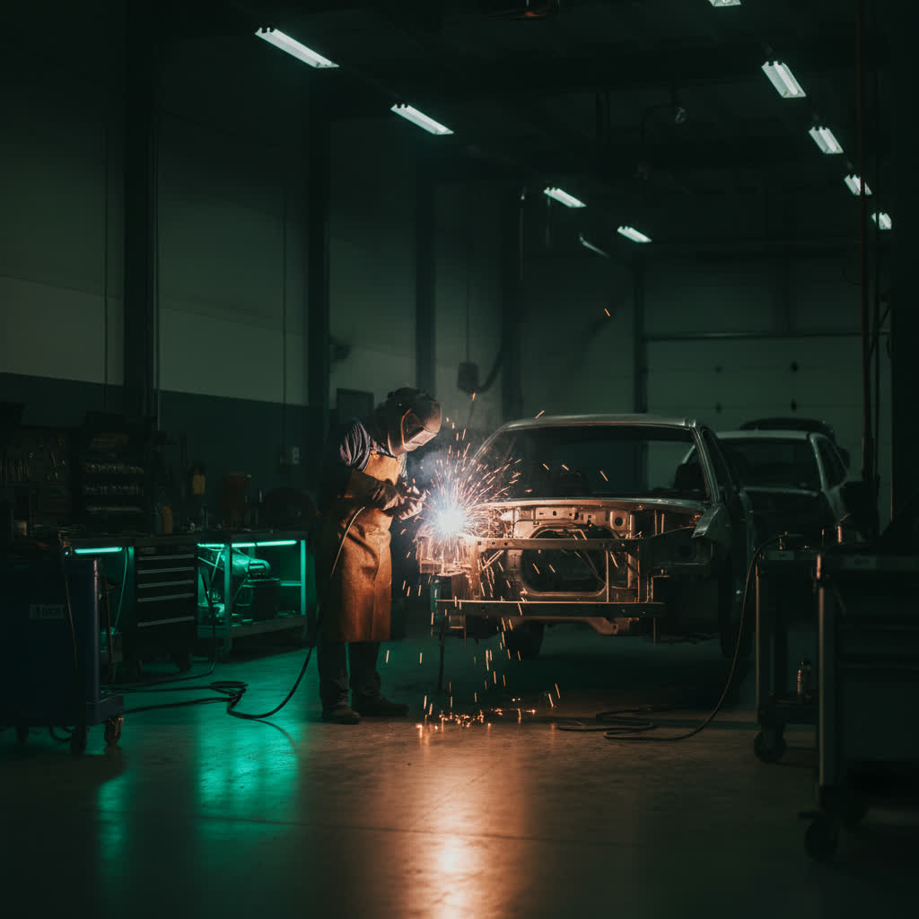 Sparks flying during structural and frame repair work