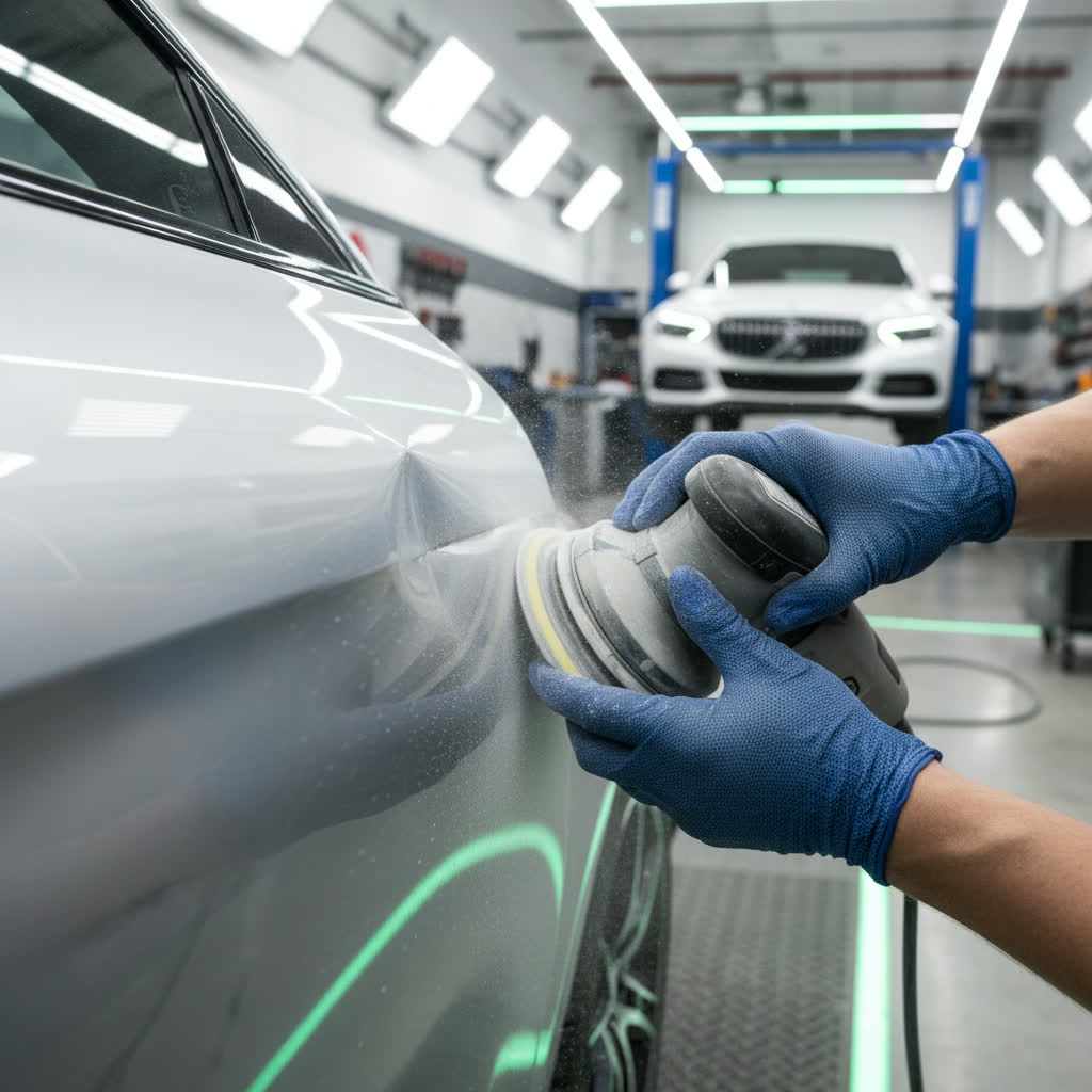 Close-up of precise panel and dent repair on a vehicle door